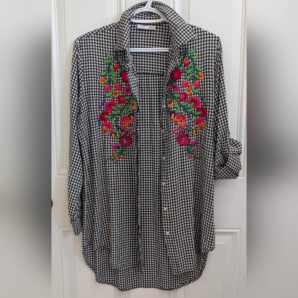 3/$20 Dex Gingham Shirt with Vibrant Floral Embroidery - Picture 11 of 11